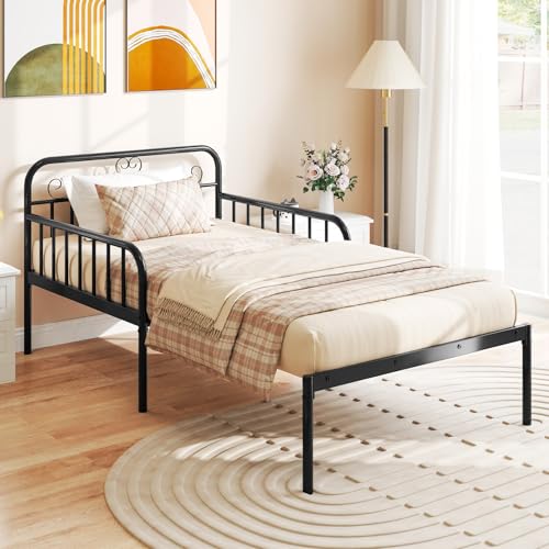 GIANTEX Metal Twin Bed Frame, Convertible Sofa Bed with Headboard & Armrests, Pull-Out Sleeper Chair Bed for Small Spaces Dorm Guest Apartment, Suitable for Folding Sofa Mattress (Black) - color: Black