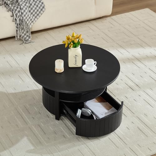 33 Inch Round Wood Coffee Table with Storage, Fluted Coffee Tables with 2 Tiers, Mid-Century Modern Center Table with a Single Drawer for Living Room - color: 33.07" 2 Tier-black