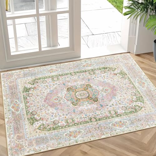 Small Rugs 2x3,Pink Rug for Entryway Entrance Doormat Boho | Vintage Bohemian Distressed Washable Accent Floor Throw Carpet for Bathroom Bedroom Kitchen Non Slip,Blush Green - color: Pink Green, size: 2'x3'