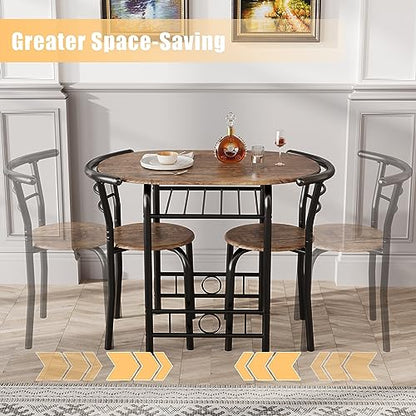 JUMMICO 3-Piece Wooden Round Table & Chair Set | Kitchen Breakfast Nook Wood Grain Tabletop with Metal Frame and Built-in Wine Rack for Kitchen, Dining Room (Brown/Black) - color: Brown/Black