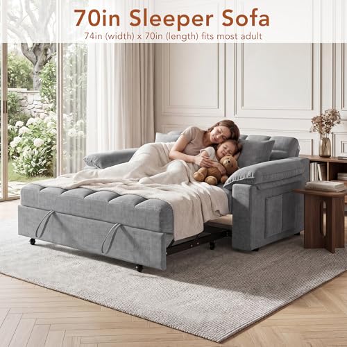 Vipbear Sleeper Sofa Bed, 70" Pull Out Futon Couch with Small Table| USB Port | Side Pockets | Tool-Free Assembly | Adjustable Backrest for Apartment, Office, Guest Room, Chenille Light Grey - color: Light Grey