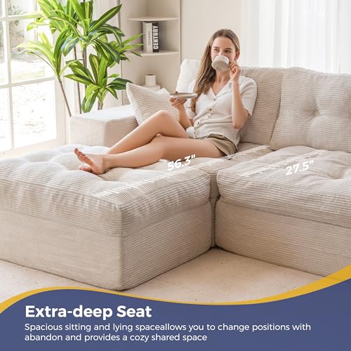 MAXYOYO Boneless Couch, 104-Inch L-Shaped Cloud Couch with Ottoman | Beige Upholstered Sofa Features Layered Cushions and Flexible Modules with No Assembly, Ideal for Modern Living Rooms. - color: Beige, size: 104" L Shape