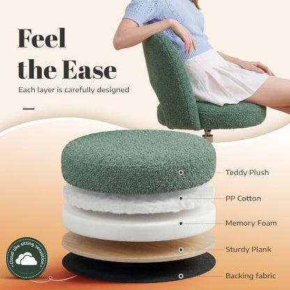 DurayLoly Vanity Chair with Wheels,Open Back,Armless,Green | Soft Teddy Fabric, 6" Thick Cushion, Height Adjustable, 300 lbs, 360° Swivel for Vanity Table, Home Office - color: Green