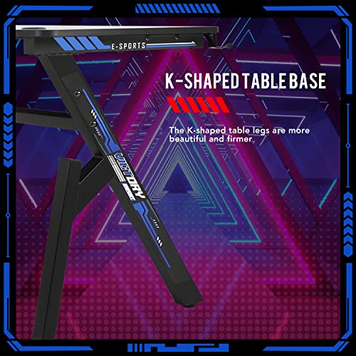 FDW Computer Desk Gaming Desk Student PC Desk Writing Desk Office Desk Modern Ergonomic Racing Style Table Workstation Carbon Fiber Headphone Hook (47in, Blue) - color: Blue, size: 47 In R Shaped