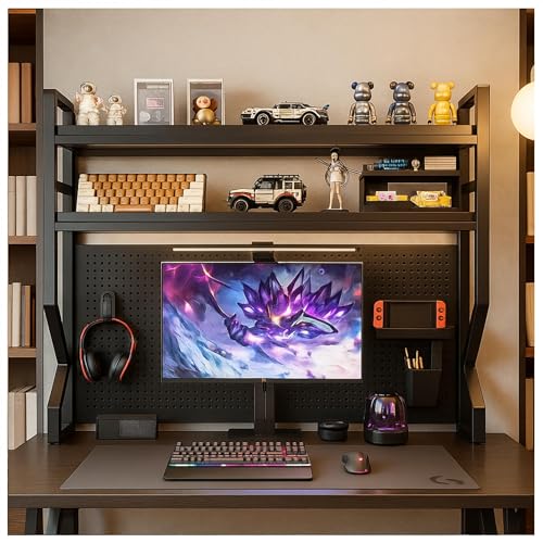 Desktop Hutch Bookshelf,Many Gifts,Metal Desktop Bookcase with pegboard, Desk Shelf, Countertop Storage Organizer Rack for Dorm or Office,Desktop Shelves (Black, 53.1" Lx9.9 Wx39 H) - color: Black, size: 53.1" Lx9.9 Wx39 H