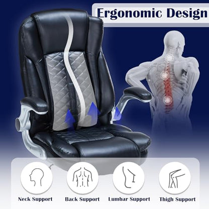 400lbs Executive Office Chair with Flip-Up Armrests, Big and Tall Computer Chair for Heavy People, Heavy Duty Ergonomic Comfy Chair, Breathable PU Leather (Black) - color: Black