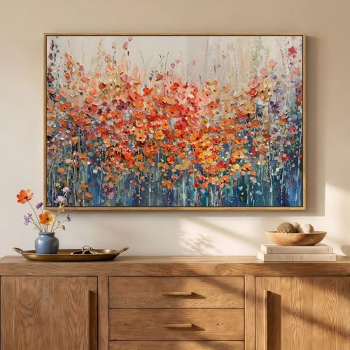 Framed Abstract Flower Wall Art, Colorful Botanical Floral Canvas Painting Prints for Modern Farmhouse Wall Art Decor, Wildflower Pictures for Living Room Bedroom Dining Room Wall Decor, 24x36 Inch - color: Orange & Blue