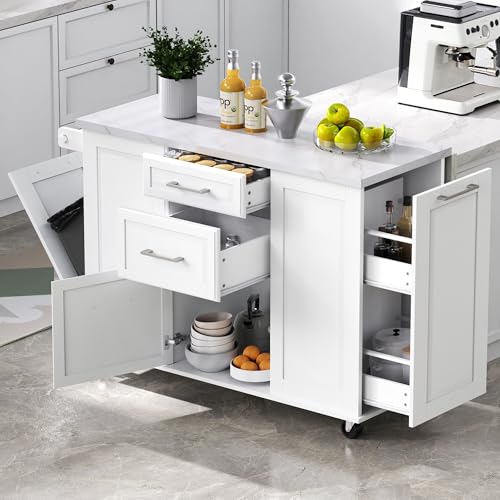 50.7" Kitchen Island with Storage Tilt Trash Can Cabinet and Pull Out Cabinet Organizer, Rolling Kitchen Island on 5 Wheels with Drop Leaf (White/tt) - color: White/Tt)