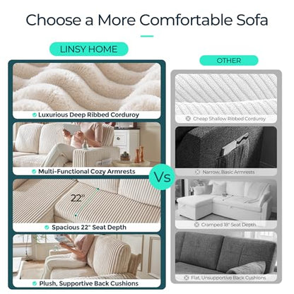 LINSY HOME Loveseat Sofa with Pull Out Couch Chaise: 2-in-1 Convertible 2 Seater Sofa with USB Charging & Cup Holders, Comfy Plush Corduroy Love Seat for Small Spaces Living Room Apartment, Beige