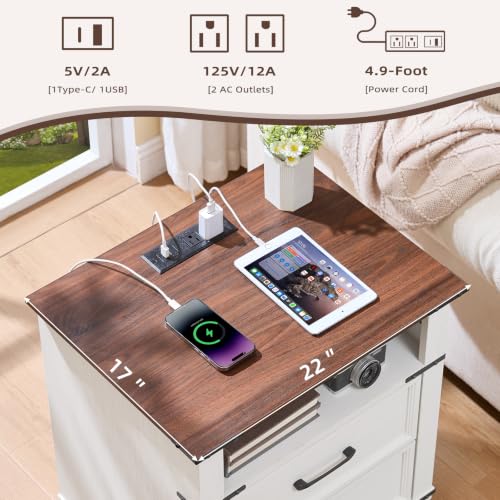 Farmhouse Night Stand with Charging Station, White | 2 Drawers End Tables Bedroom, Nightstand with Metal Handles & Solid Wood Foot & Open Shelf - color: White