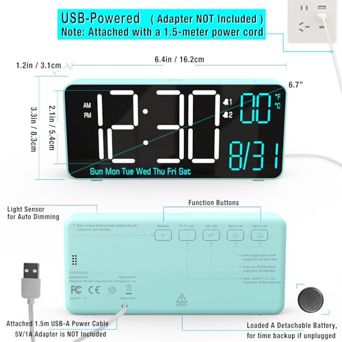 Digital Alarm Clock for Bedroom, 6.7in Desk Clock LED, Auto Dimming, Room Temperature, Day of The Week, Date, Seconds, Clocks for Living Room, Alarm Clocks for Bedrooms - color: Blue (White + Blue Digits)
