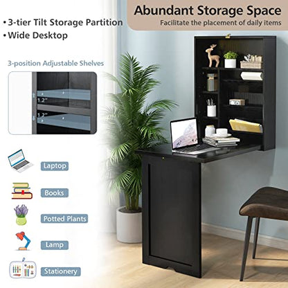 GOFLAME Wall Mounted Folding Desk with 3-Tier Tilt Storage Partition and Adjustable Shelves, Space-Saving Convertible Writing Desk for Home Office, Black - color: Black