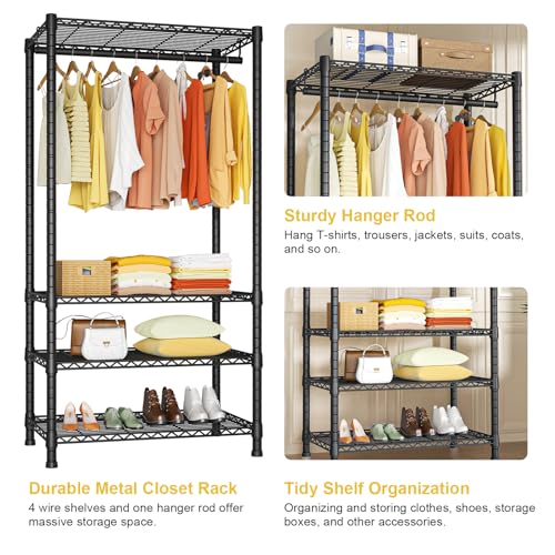 H2 Heavy Duty Clothes Rack, Freestanding 4 Tiers Garment Rack for Hanging Clothes with Shelves and Hangers, Closet Organizers and Storage Metal Closet Wardrobe System, Max Load 500 LBS, Black | Metal Closet System for Hanging Clothes with Shelves and Hang