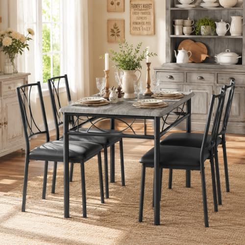 CABIHOME Dining Table Set - 5 Piece Rectangle Kitchen Table with 4 Upholstered Chairs, Perfect for Small Spaces & Apartments - Retro Gray - color: Retro Gray, size: Table with 4 Upholstered Chairs