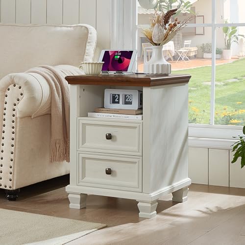 Farmhouse Side Table with Charging Station, White | Antique Nightstands for Bedroom with Drawers, Bedside Table with Open Shelf & Thickened Top & Square Wooden Legs - color: White, size: 18"D x 18"W x 25"H (2 Drawers)