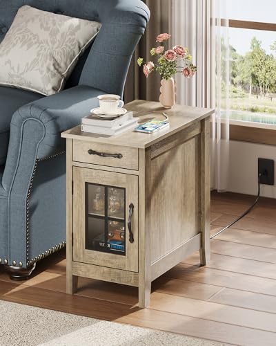 WLIVE End Table with Charging Station, Narrow Side Table for Living Room, Farmhouse Night Stand with Storage, Small Wooden Cabinet Nightstand with USB Ports and Outlets, 23.62" D x 13.78" W x 23.62" H - color: Greige Beige