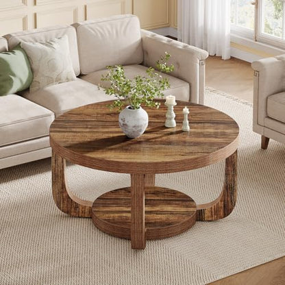 Tribesigns Round Coffee Table, 2-Tier Circle Coffee Table with Storage, Modern Wooden Accent Center Table for Living Room, Thick Tabletop & Base, Dark Brown - color: Brown