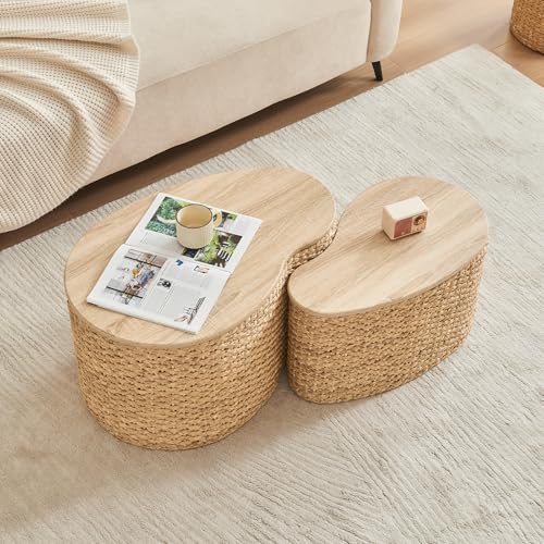 Cloud Nesting Coffee Table Set of 2 with Storage - Handwoven Wicker Rattan Ottoman Style, Boho Coastal Coffee Tables for Living Room, Rattan Coffee Table with Cover & Soild Wood Frame - color: Light Natural - Heart Shape