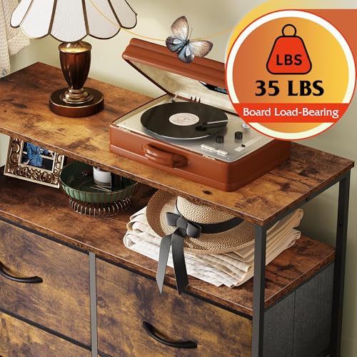 WLIVE Fabric Dresser for Bedroom with Open Shelves, Tall Dresser with 8 Drawers, Storage Tower with Fabric Bins, Chest of Drawers for Closet, Hallway, Rustic Brown Wood Grain Print | 8 fabric drawers plus open shelves, steel frame with wood top, great for
