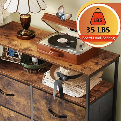 WLIVE Fabric Dresser for Bedroom with Open Shelves, Tall Dresser with 8 Drawers, Storage Tower with Fabric Bins, Chest of Drawers for Closet, Hallway, Rustic Brown Wood Grain Print | 8 fabric drawers plus open shelves, steel frame with wood top, great for