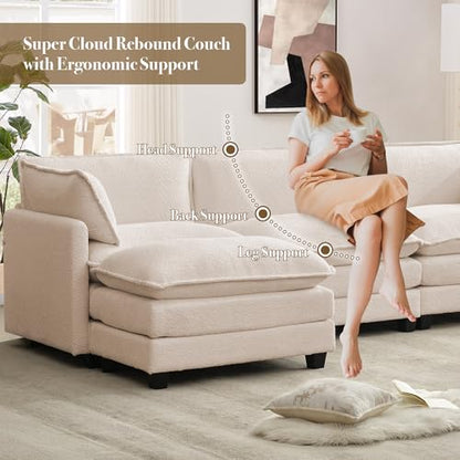 ROWHY 112'' Modular Sectional Cloud Couch with Movable Ottoman, 4 Seat Modern Chenille Sofa, Deep Seat L Shaped Couch for Living Room Bedroom Apartment,Cream White - color: Cream White, size: 112''