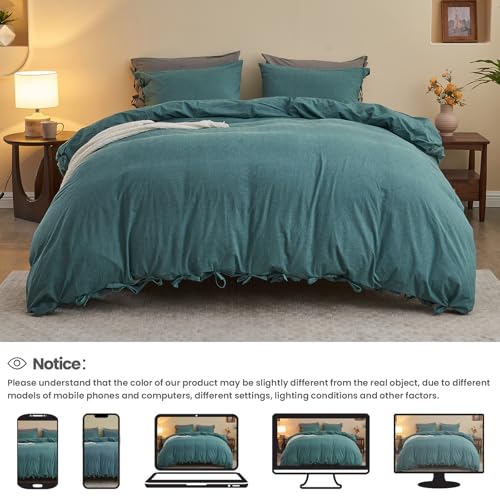 BISELINA 100% Washed Cotton Duvet Cover Set 3pcs with Bowknot Ties Strap Solid Color Linen Like Textured Durable Breathable Soft Comfy Chic Bedding (Twin, Dark Green) - color: Dark Green, size: Twin