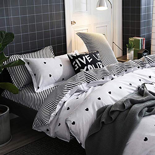 Omelas Kids Heart Love Twin Duvet Cover Set Black and White Teens Girls Lovely Heart-Shaped Pattern Striped Reversible Bedding Soft Breathable Quality Brushed Microfiber (3 Pcs,XD,T) - color: X-white, size: Twin(No Comforter)