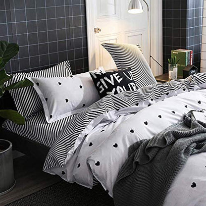 Omelas Kids Heart Love Twin Duvet Cover Set Black and White Teens Girls Lovely Heart-Shaped Pattern Striped Reversible Bedding Soft Breathable Quality Brushed Microfiber (3 Pcs,XD,T) - color: X-white, size: Twin(No Comforter)