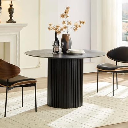 Round Pedestal Dining Table for 4-6, Mid-Century Modern Circular Fluted Drum Kitchen Table MDF Finish Tabletop for Dining Room Apartment, φ46.45'' x 29.25''H - Black - color: 46.45 Inches Black