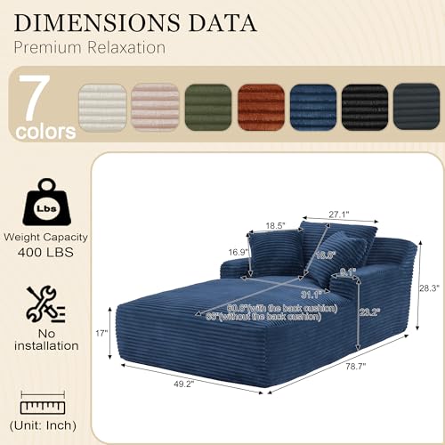 80 Inch Chaise Lounge Chair Indoor, Oversized Corduroy Upholstered Boneless Sofa Bed, Deep Seat Sleeper Couch Reading Chairs, Cloud Sofas Couches for Living Room, No Assembly Required (Blue) - color: Blue, size: 50"W x 80"D