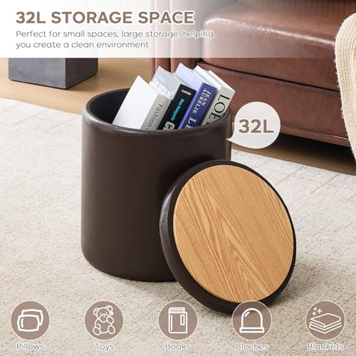 oakvivo Round Set of 2 14.76" L x 14.76" W x 17.32" H Faux Leather Ottoman with Storage, Small Foot Rest Storage Ottomen with Lid Living Room, Bedroom Vanity Stool Chair, Coffee - color: Coffee