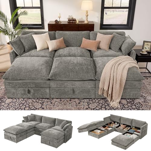 Ihanherry Oversized Sectional Sofa Bed with Storage, 103" 6-Seater Modular Cloud Couch with Movable Ottomans, Chenille Deep Seat Sleeper Couches for Living Room (Grey) - color: Grey, size: 103" Sofa Bed