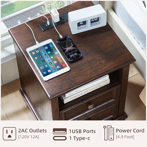 Farmhouse Nightstand with Charging Station, Walnut | End Tables Bedroom with 2 Drawers, Traditional Night Stand with Open Shelf & Thickened Top & Square Wooden Legs - color: Walnut, size: 18"D x 18"W x 25"H (2 Drawers)