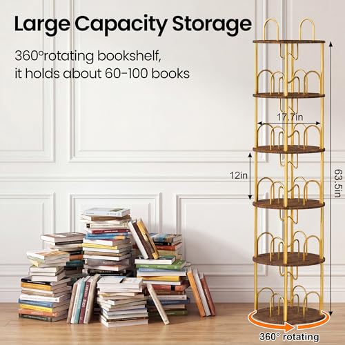 5 Tier Rotating Bookshelf, 360° Spinning Bookshelf Tower, Narrow Corner Book Shelf, Revolving Bookcase Corner Tall Book Shelf for Small Spaces, Bedroom, Living Room, Gold - color: Gold, size: 5 Tier, 67″H