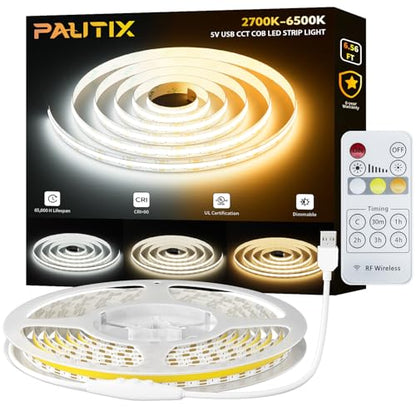 PAUTIX 5V USB COB LED 스트립 조명, RF 리모컨, 도트리스 LED 조명 2700K-6500K CCT 조정 가능한 화이트 조도 조절 가능한 2m(6.5피트) TV 백라이트, 침실, 주방, 선반용 유연한 캐비닛 아래 테이프 조명, DIY 조명 - size: 6.56ft(5V USB)