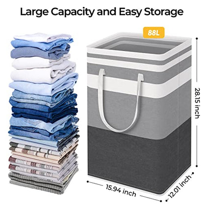 HomeHacks 2-Pack Large Laundry Basket, Waterproof, Freestanding Laundry Hamper, Collapsible Tall Clothes Hamper with Extended Handles for Clothes Toys in the Dorm and Family Gradient Grey, 88L | Waterproof, Freestanding, Collapsible Clothes Hamper with Re