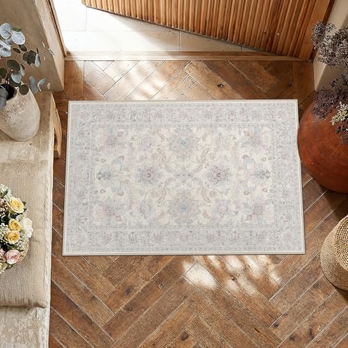 2x3 Cream Blue Neutral Small Area Rug | Washable, Non Slip, Low Pile, Soft, Vintage, Distressed, Floral, Farmhouse, for Entryway Kitchen Bathroom Laundry Room - color: Cream Blue, size: 2' x 3' (Rectangular)
