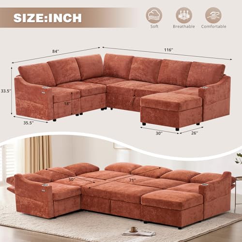 116" Chenille Modular Sleeper Sofa w/Adjustable Backrests, Orange | Convertible Corner Sofa with USB Ports, U-Shape Sectional Couch with Pull-Out Bed & Storage Space for House, Living Room - color: Orange, style: U-Shape