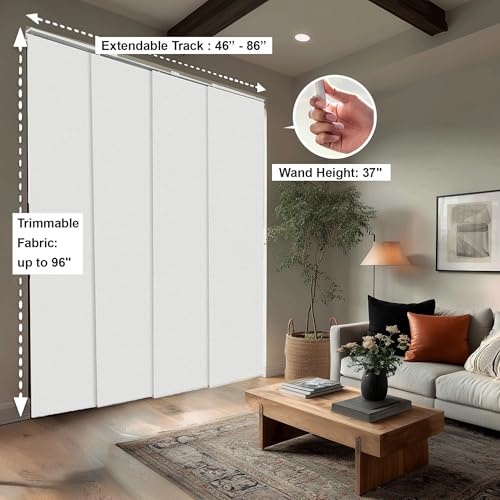 CHICOLOGY Panel Track Blinds, White Solar, 86"x96", Cordless, Sliding Door | 4 Fabric Panels, Fits 46–86″ Wide, Wall/Ceiling Mount, Room Divider Ready, Height Trimmable, Child & Pet Safe - color: Snow-bound