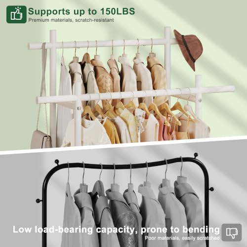 Lutown-Teen Metal Clothes Rack with Lockable Wheels, Double Rods, White | Clothing Rack Heavy Duty with Storage Rods, 150 LB Capacity Garment Rack, Easy Assembly - color: White, size: Double Rods