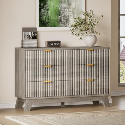 BORNOON Fluted 6 Drawer Dresser, 47.2" Wide Modern Boho Chest of Drawers, Wooden Storage Dresser TV Stand for Bedroom, Living Room, Closet, Hallway, Curved Profile Design - color: Rustic Drift, size: 6-Drawer