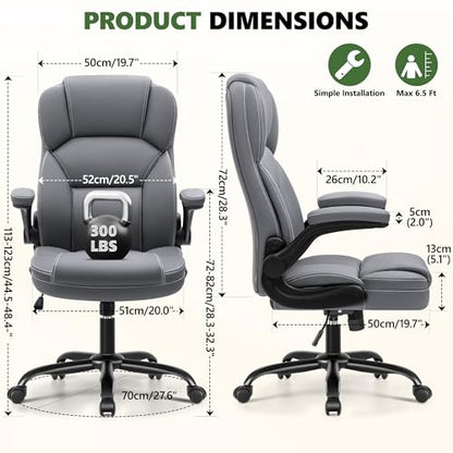 Leather Office Chair with Flip Up Arms, 360° Swivel Ergonomic Desk Chair with Wheels, Adjustable Height Computer Chair with Padded Seat for Home Office, Study,Gaming Room, Gray - color: Grey
