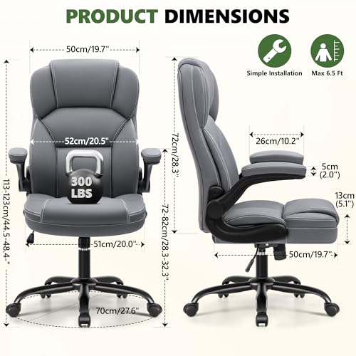 Leather Office Chair with Flip Up Arms, 360° Swivel Ergonomic Desk Chair with Wheels, Adjustable Height Computer Chair with Padded Seat for Home Office, Study,Gaming Room, Gray - color: Grey