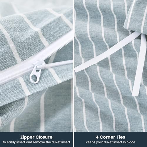 Wake In Cloud - Striped Cotton Duvet Cover Set, Ticking Stripe Vertical Pinstripe Farmhouse, 100% Washed Cotton Textured Bedding Set, 3 Pieces, Blue, Full Size - color: Blue, size: Full