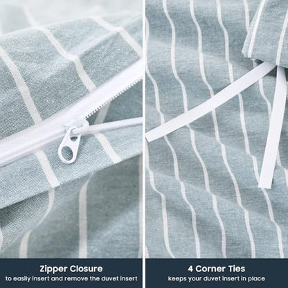 Wake In Cloud - Striped Cotton Duvet Cover Set, Ticking Stripe Vertical Pinstripe Farmhouse, 100% Washed Cotton Textured Bedding Set, 3 Pieces, Blue, Full Size - color: Blue, size: Full