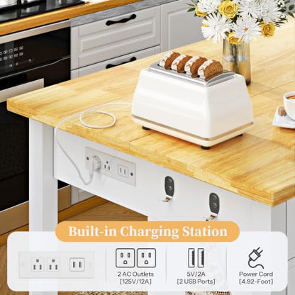 Kitchen Island with Storage and Seating Include 2 Bar Stools, Drawers,White | 47" Solid Rubberwood Top Kitchen Island with Trash Can Storage, Power Outlet, 6 Hooks, Coffee Bar Cabinet, Dining Table for 2 - color: White