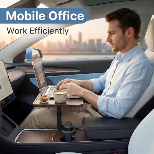 Car Desk for Laptop, Car Table & Car Tray with 360° Rotating Cup Holder, Adjustable Height Car Food Tray, As Car Table Tray or Car Seat Tray, Compatible with Tesla Model 3/Y/S, Ford/Most Vehicles
