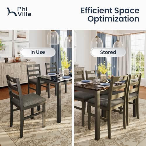 PHI VILLA Dining Table Set for 4, Marble Design Kitchen Table and Chairs | Marble Tabletop, Solid Rubber Wood, Padded Cushion Chairs, Space Saving, Easy Assembly, Olive - color: Emperador Dark Marble& Olive