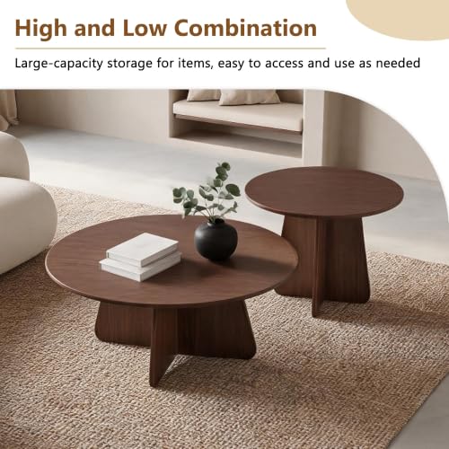 Nesting Coffee Table Set of 2, Round Wooden Coffee & Side Tables with Tapered Base, Walnut Finish, Mid-Century Modern Accent Furniture for Living Room Bedroom, Space-Saving Design - color: Walnut, size: Nesting Coffee Table Set