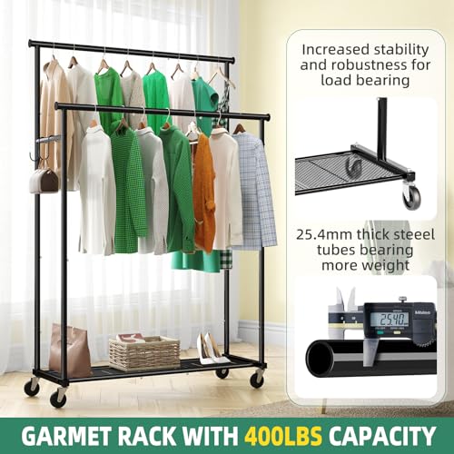 Ekisemio Double Rods Clothes Rack with Wheels Load 400 LBS, 45 Inch Rolling Clothing Rack for Hanging Clothes, Heavy Duty Garment Rack with Shelves, Metal Portable Closet, Black - style: Double Rod